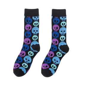 Detail of crew socks with pixel skull pattern in blue, purple and teal on black knit