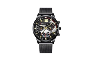 Detail of Geneva black multi-function sports watch with mesh strap on white background