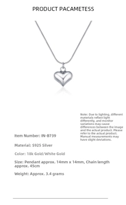 Detailed size parameters of 925 sterling silver heart pendant necklace on white background
