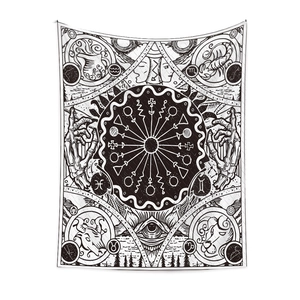 Detail of black and white zodiac tapestry featuring tarot sun and skeletal hand patterns