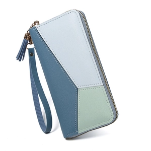 Portefeuille long en cuir PU tricolore pour femme avec zip doré et dragonne amovible