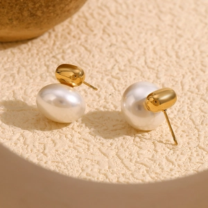 Minimalist 18K gold plated stainless steel stud earrings with round white pearls