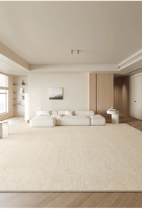 Modern light beige textured rug in a minimalist living room with white sofa and natural light