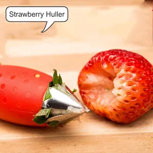 Creative strawberry huller tool with stainless steel serrated tip and red handle