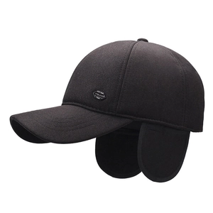 Men's winter baseball cap with ear flaps in thick black fabric and side logo detail