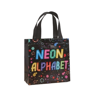Black non-woven gift bag with colorful neon alphabet print and sturdy handles