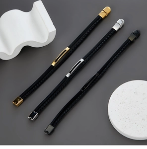 Three multi-layer braided leather bracelets for men with gold, silver, and black metal clasps