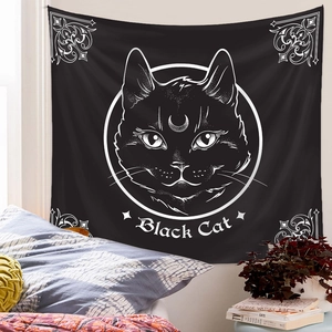 Bohemian black cat wall tapestry with moon phases for minimalist bedroom wall decoration
