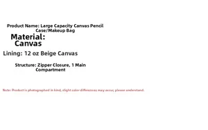 Detailed technical specs for large canvas pencil case with zipper and beige lining