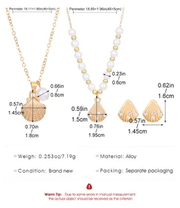 Size chart for shell and pearl jewelry set with measurements in inches and centimeters