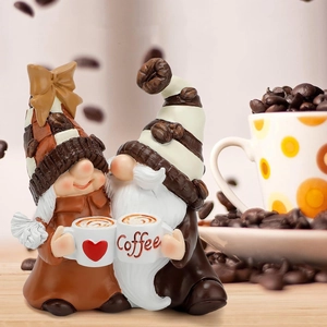 Resin coffee gnome couple figurines with white mugs and hearts for home cafe decoration