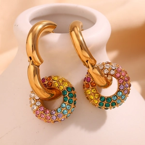 Detail of 18k gold plated hoop earrings with micro-set multi-color zircon stones