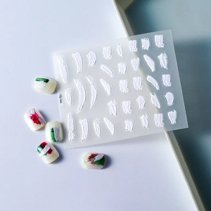 3D white abstract brushstroke nail art stickers with relief texture on display nails
