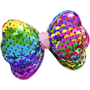 Rainbow laser sequin bow hair clip for girls with a shiny pink glitter center accent