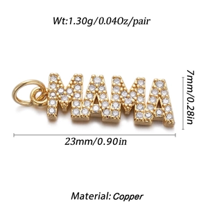 Detailed view of MAMA gold pendant showing dimensions 23mm x 7mm and 1.30g weight
