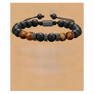Natural Tiger Eye Black Matte Stone Bracelet Zirconia Copper Adjustable Braided Rope Greeting Card Gift For Men Son Husband