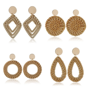 Boucles D'oreilles Pendantes En Rotin Tissé À La Main Paille Géométrique Style Bohème Plage Pour Femmes