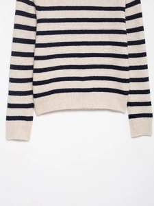 Close-up of striped knit sweater showing ribbed hem and sleeve cuff details