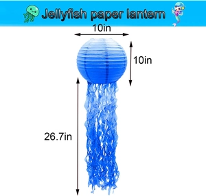 Detailed size chart of a 10-inch blue jellyfish paper lantern with 26.7-inch tassels