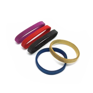 Detail view of woven mesh stretch bracelets in five colors with 18K gold plated finish