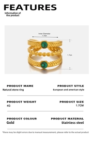 Vue détaillée d'une bague en acier inoxydable doré avec pierres naturelles vertes et 1,7 cm