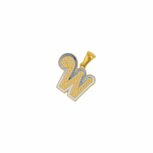 Detail of a gold-plated letter W pendant with blue and white enamel dotted texture
