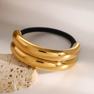 Minimalist double-layered gold stainless steel hair tie with high-mirror finish
