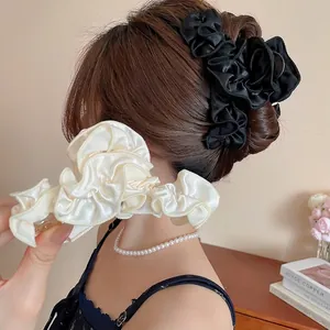 Large Hair Claw Clip Satin Pleated Ruffle Fabric Elegant Shark Hairpin Accessory For Women Thick Hair Retro Style
