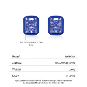 S925 sterling silver rectangular blue enamel earrings with sparkling cubic zirconia