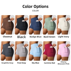 Detail view of 10 color options for high waisted yoga shorts with side phone pockets
