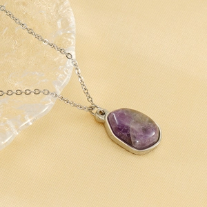 Irregular purple natural stone pendant necklace with 18K gold plated chain for women