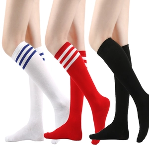 Detailed comparison of striped over-the-knee socks in white, red, and black knit fabrics