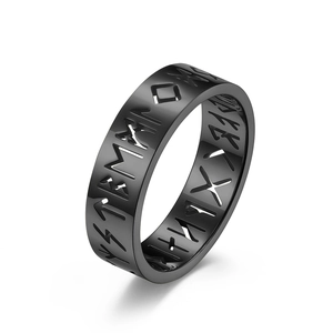 Black hollowed-out titanium steel Viking Rune ring with Nordic engravings in a minimalist style