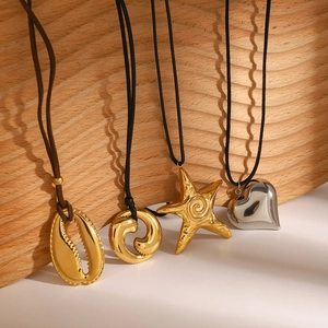 Detailed set of four black cord necklaces featuring gold starfish and silver heart charms