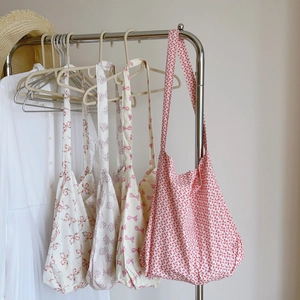 Sac Bandoulière En Coton Imprimé Nœud Doux Grande Capacité Mince Souple Sac Porté Épaule Floral Pour Femmes Style Lazy