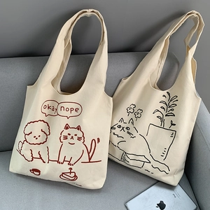 Cute Cartoon Cat Dog Print Canvas Tote Bag Large Capacity Minimalist Eco Friendly Shoulder Bag For Women Daily Shopping