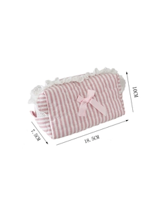 Trousse à maquillage rayée rose avec dentelle et nœud, taille 18,5x10x7,5cm