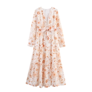 Abito Lungo Da Donna Con Stampa Floreale Scollo A V Maniche Lunghe Cintura A Fiocco Balze Stile Vacanza Elegante