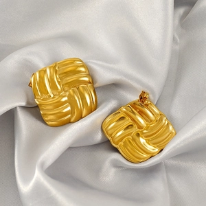 Geometric Square Stud Earrings 18K Gold Plated Stainless Steel Braided Texture Elegant French Style Jewelry For Women