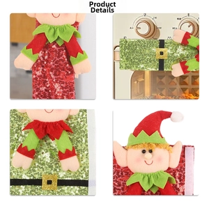 Detailed views of Christmas elf fridge handle covers with sequins and velcro closures