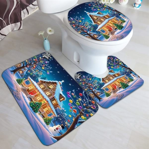 Ensemble tapis de bain Noël 3 pièces avec motif maison bleue pour décor de salle de bain