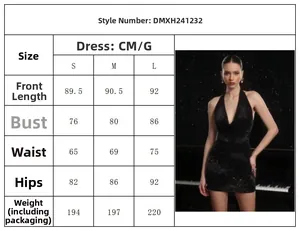 Detaillierte Größentabelle für schwarzes Pailletten-Bodycon-Kleid mit Maßen
