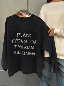 Oversize vintage ξεπλυμένο μαύρο φούτερ με λευκά στρας και γραφικά σχέδια τέχνης