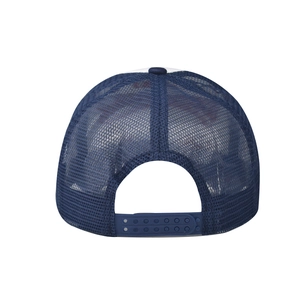 Detail view of the navy blue trucker hat with adjustable snapback closure and mesh panel