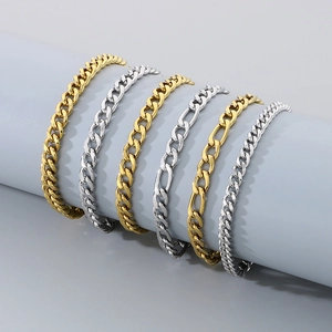 Set of six gold and silver Miami and Figaro style stainless steel anklets for women