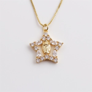 Bohemian gold star necklace with Virgin Mary pendant and white zircon inlay