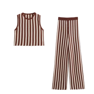Top Smanicato In Maglia A Righe Verticali E Pantaloni A Gamba Larga A Vita Alta Da Donna Completo Casual Streetwear Retro Marrone Beige