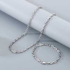 Unisex stainless steel necklace and bracelet set featuring minimalist square box chain links
