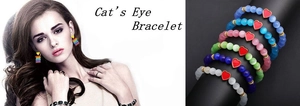 Cat's eye stone bracelets in six vibrant colors with heart charms and gold spacers