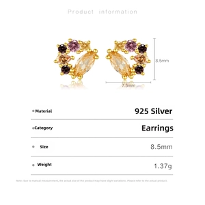 Detail view of 925 silver stud earrings with multi-color zircons, size 8.5mm x 7.5mm